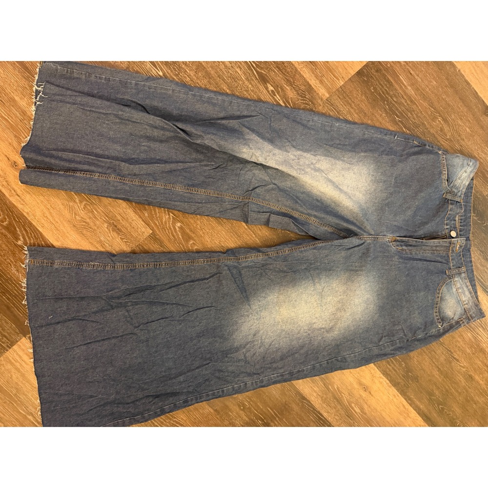 SHEIN Womens Wide Leg Blue Denim Jeans High Rise Raw Hem Size 32 Medium Wash